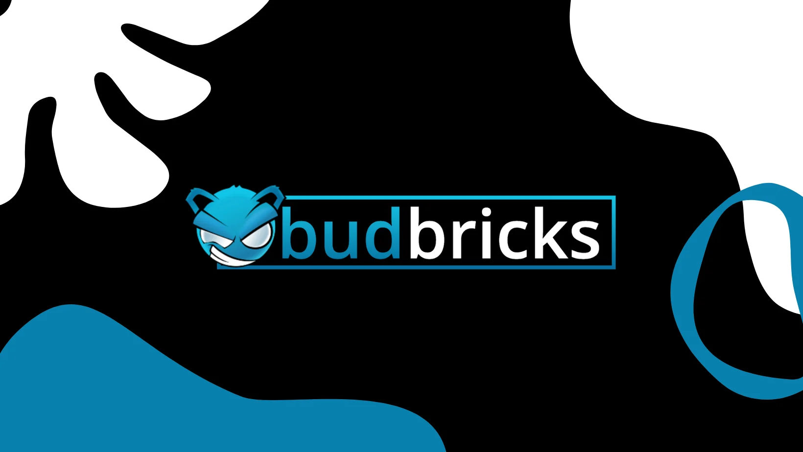 The BudBricks business card: the grinning teddy and the budbricks logo in the centre of a black card, with big blue and white blobs and an open ring around the edges.
